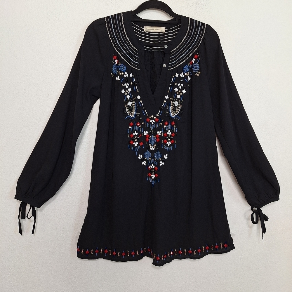 Abercrombie & Fitch Black Multicolor Bohemian Hippie Beaded Tunic Top Size S